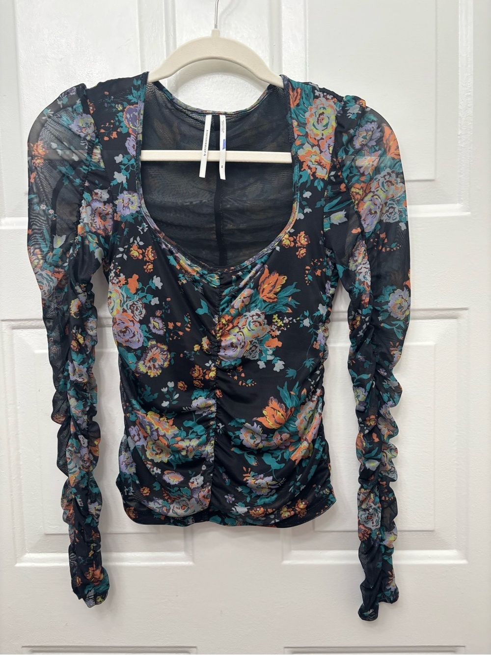 By Anthropologie Black Sheer Floral Ruched Long-Sleeve Top